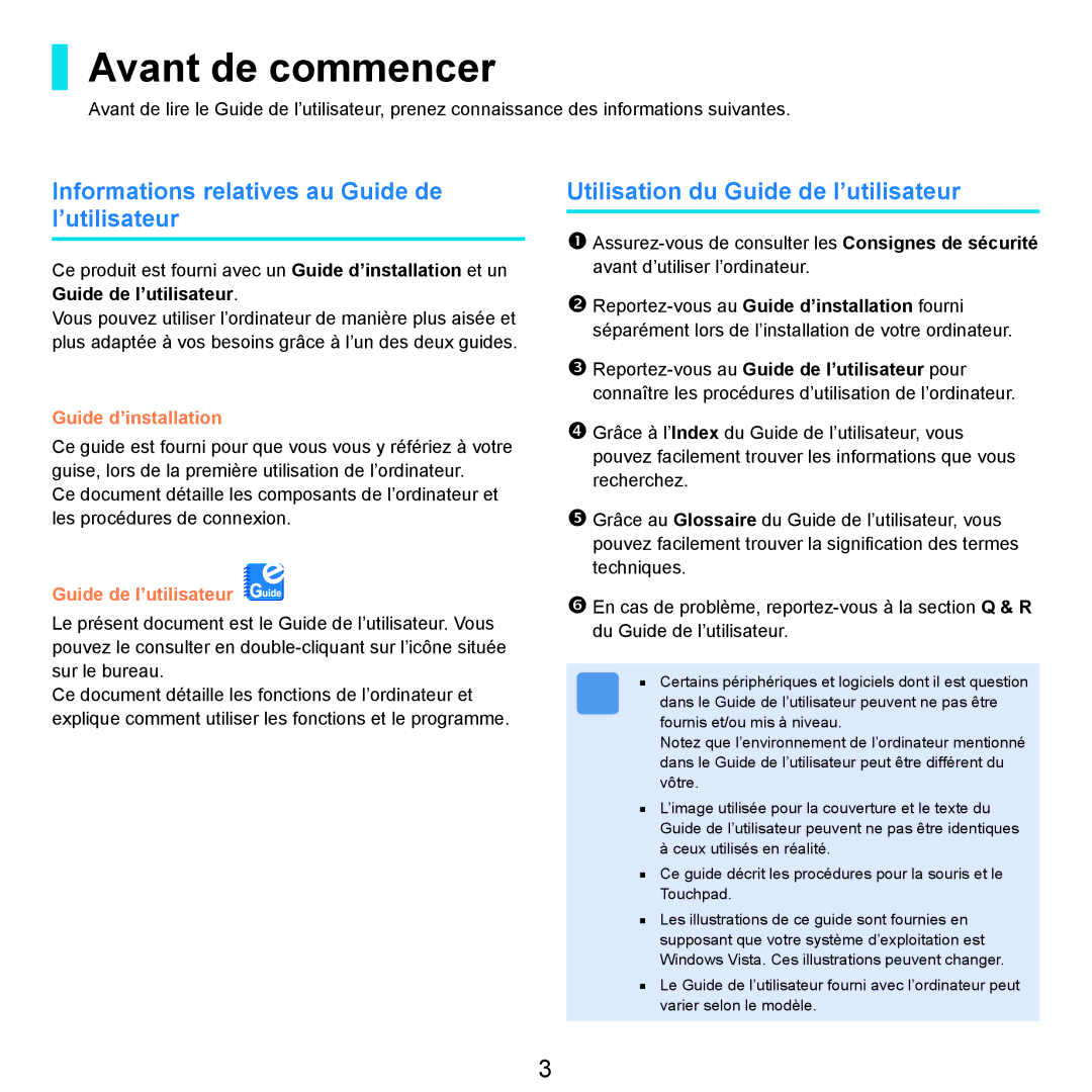 Samsung NP-R25A001/SEF, NP-R25A000/SEF manual Avant de commencer, Informations relatives au Guide de l’utilisateur 