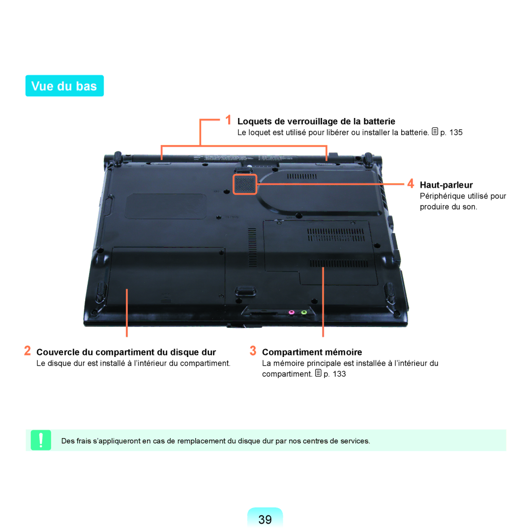 Samsung NP-R25A001/SEF, NP-R25A000/SEF manual Vue du bas, Loquets de verrouillage de la batterie, Haut-parleur 