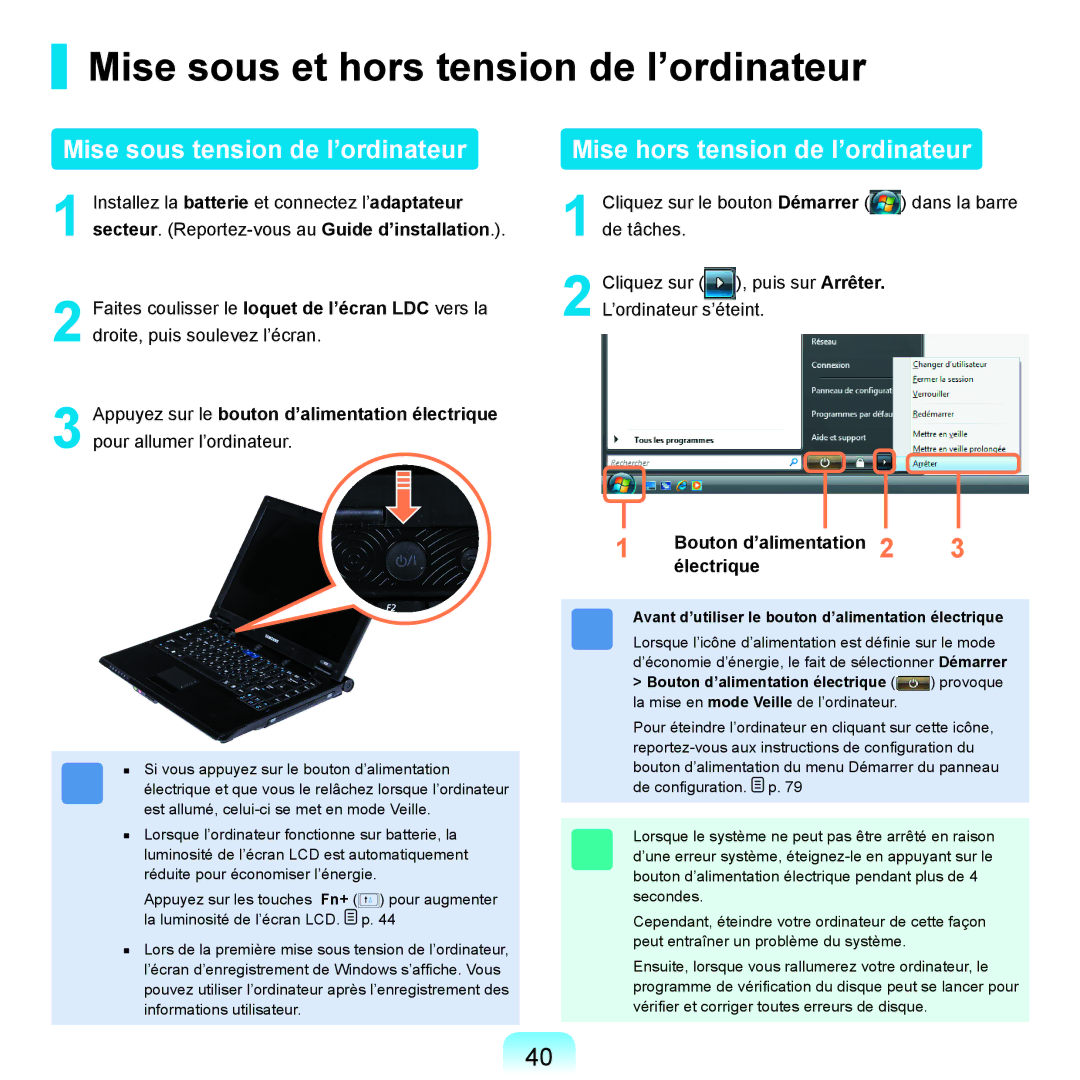 Samsung NP-R25A000/SEF, NP-R25A001/SEF manual Mise sous et hors tension de l’ordinateur, Bouton d’alimentation 2 électrique 