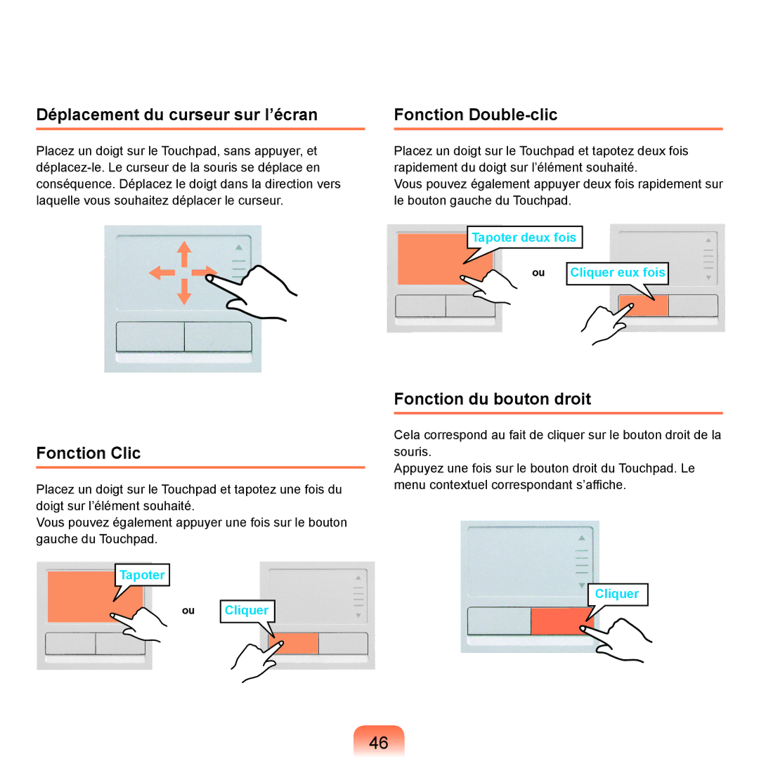 Samsung NP-R25A000/SEF Déplacement du curseur sur l’écran, Fonction Clic, Fonction Double-clic, Fonction du bouton droit 