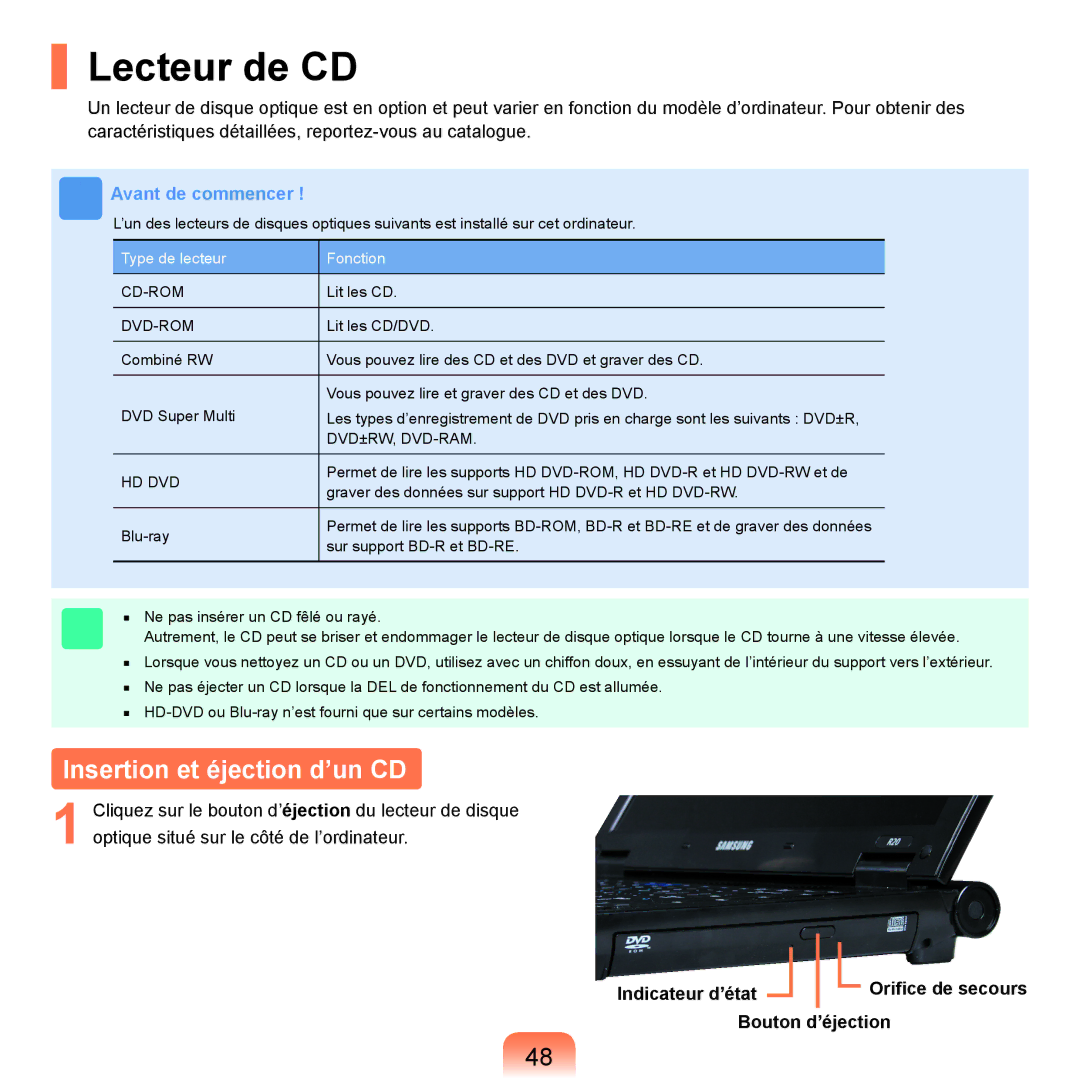 Samsung NP-R25A000/SEF Lecteur de CD, Insertion et éjection d’un CD, Indicateur d’état Oriﬁce de secours Bouton d’éjection 