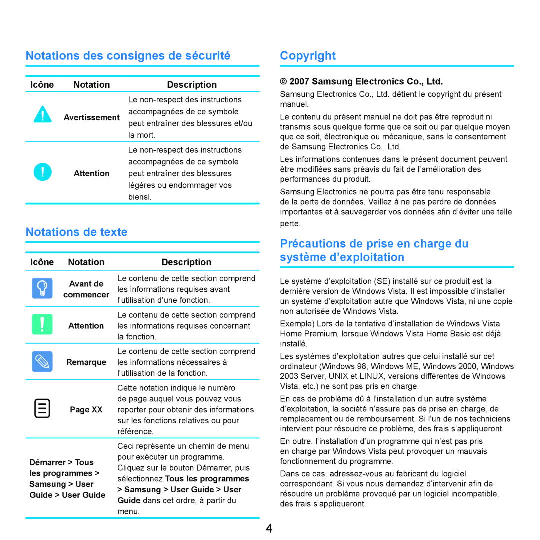 Samsung NP-R25A000/SEF Notations des consignes de sécurité, Notations de texte, Copyright, Icône Notation Description 