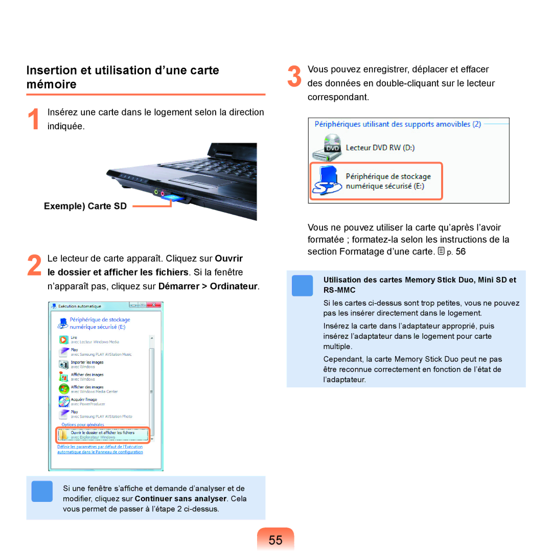 Samsung NP-R25A001/SEF, NP-R25A000/SEF manual Insertion et utilisation d’une carte mémoire, Exemple Carte SD 