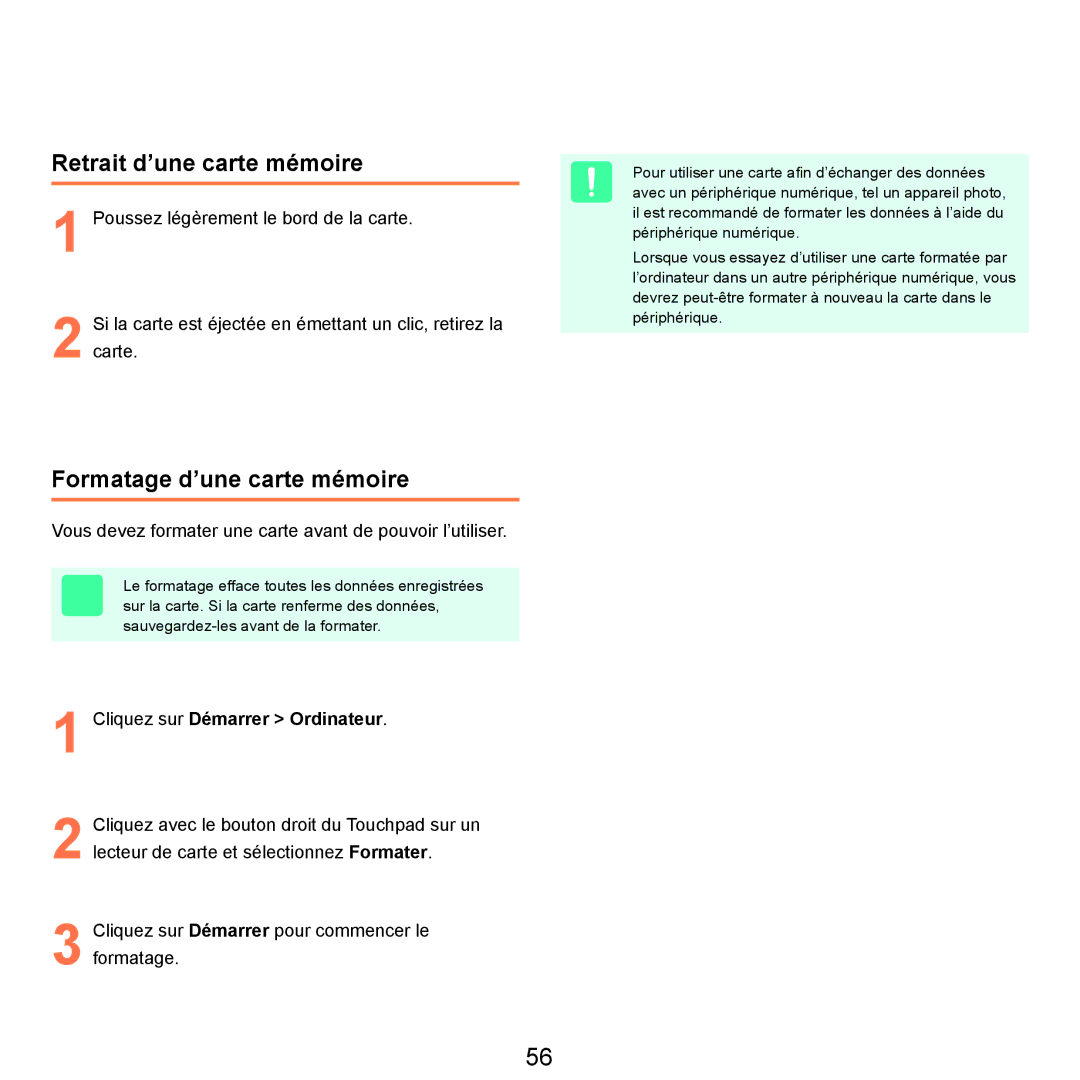 Samsung NP-R25A000/SEF manual Retrait d’une carte mémoire, Formatage d’une carte mémoire, Cliquez sur Démarrer Ordinateur 