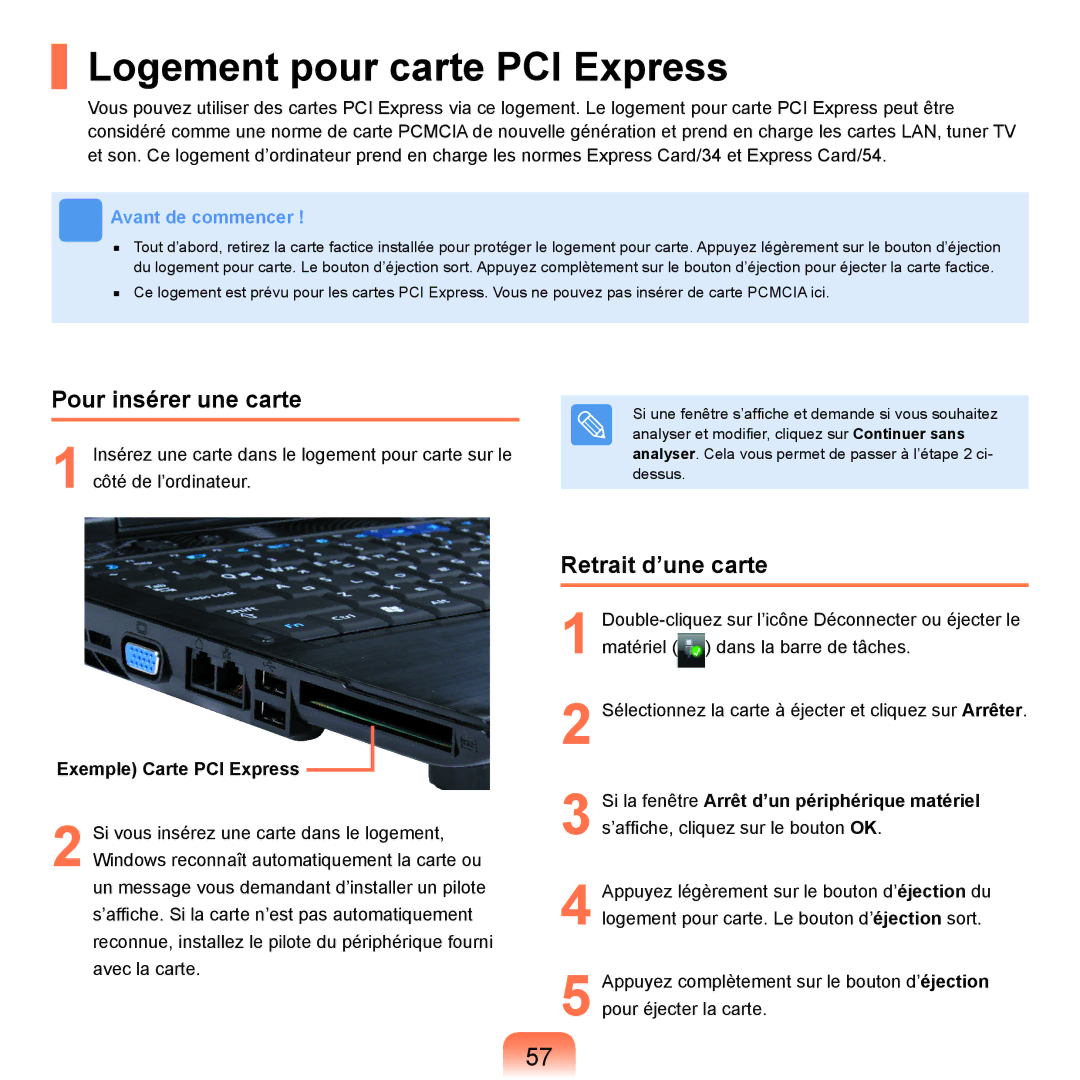 Samsung NP-R25A001/SEF, NP-R25A000/SEF manual Logement pour carte PCI Express, Pour insérer une carte, Retrait d’une carte 