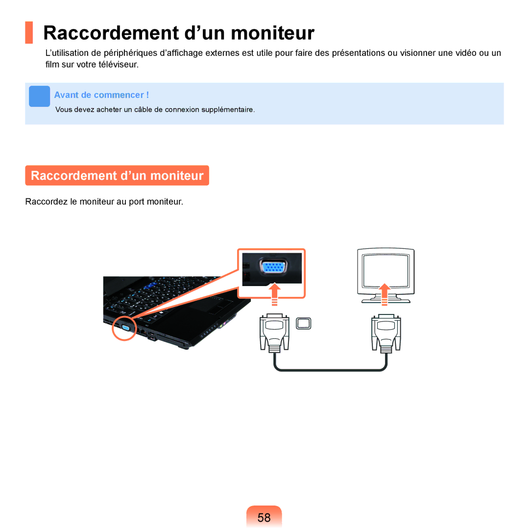 Samsung NP-R25A000/SEF, NP-R25A001/SEF manual Raccordement d’un moniteur 