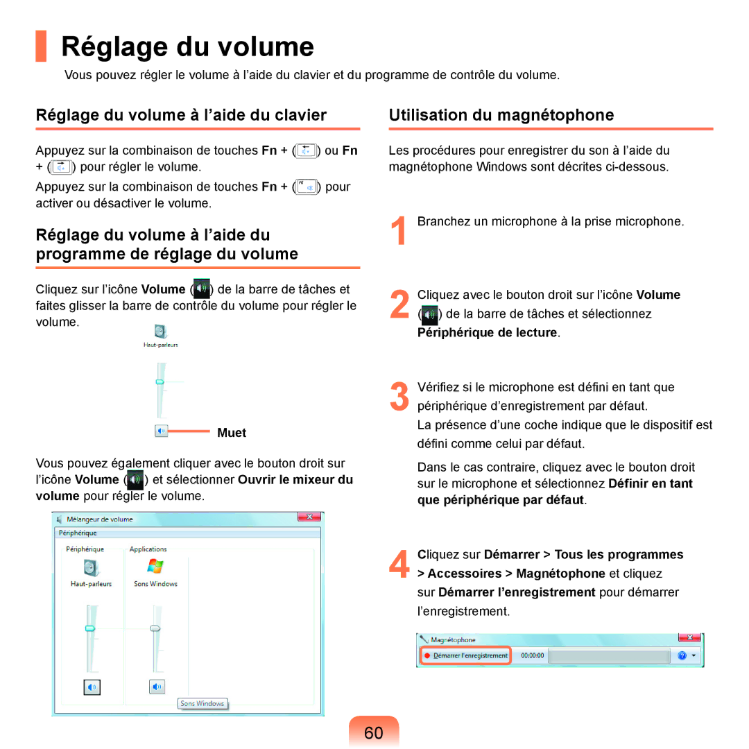 Samsung NP-R25A000/SEF, NP-R25A001/SEF manual Réglage du volume à l’aide du clavier, Utilisation du magnétophone 