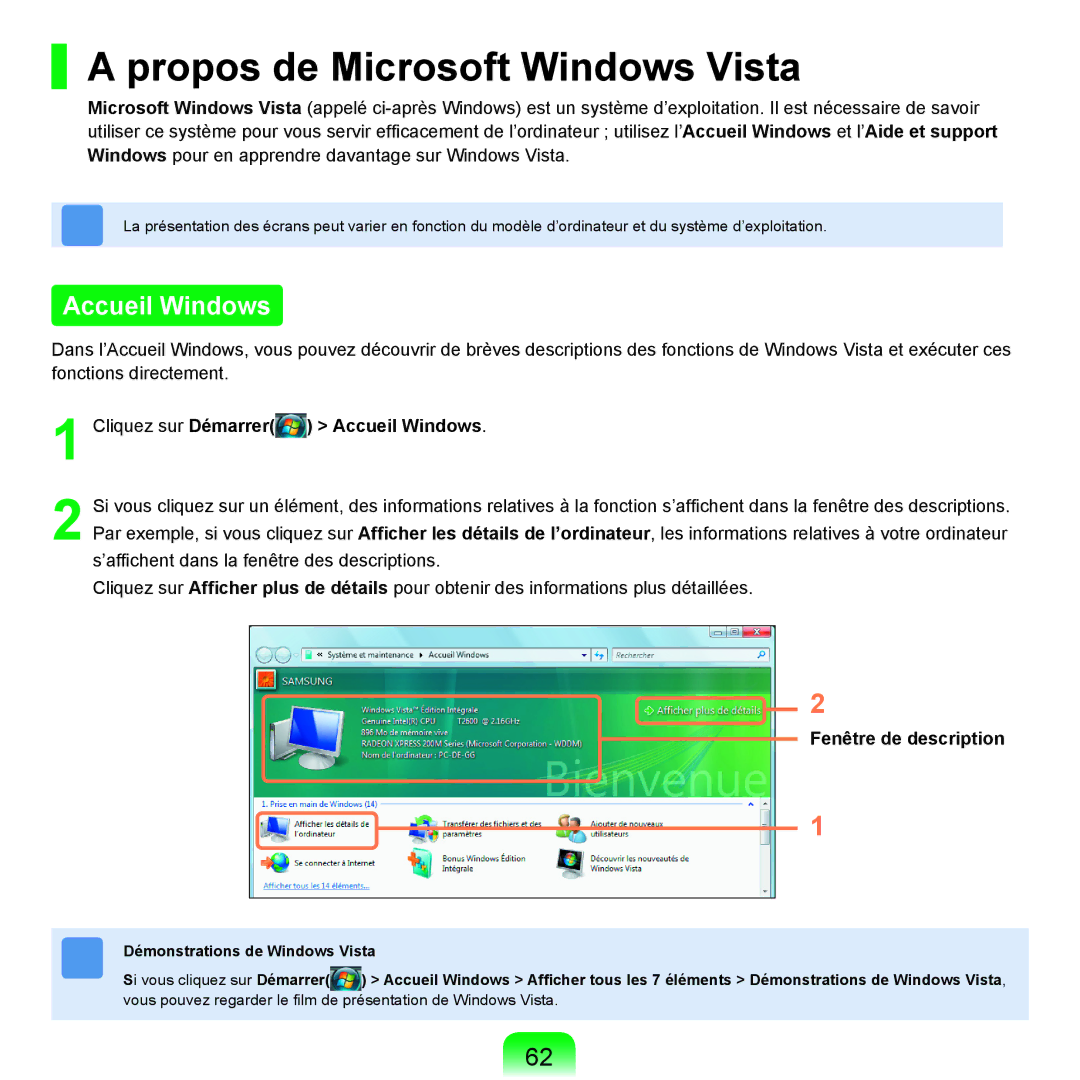 Samsung NP-R25A000/SEF Propos de Microsoft Windows Vista, Cliquez sur Démarrer Accueil Windows, Fenêtre de description 