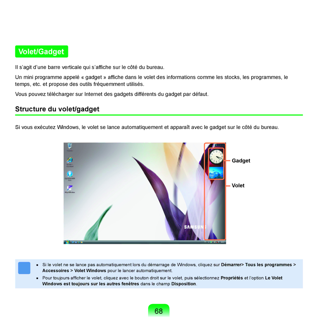 Samsung NP-R25A000/SEF, NP-R25A001/SEF manual Volet/Gadget, Structure du volet/gadget, Gadget Volet 