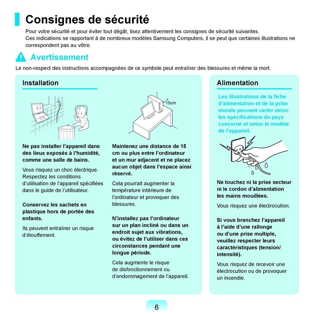 Samsung NP-R25A000/SEF, NP-R25A001/SEF manual Consignes de sécurité, Installation Alimentation 