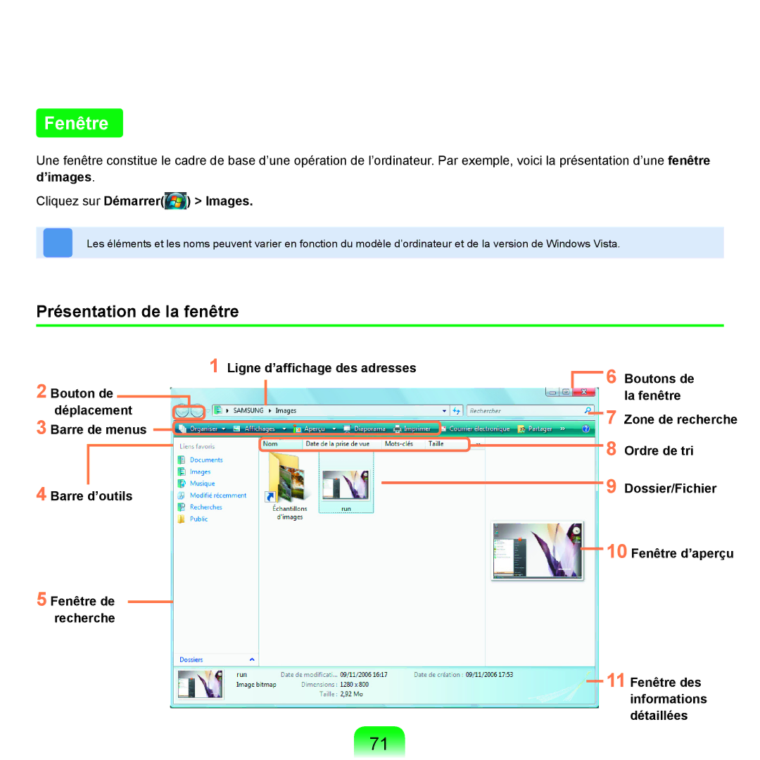 Samsung NP-R25A001/SEF, NP-R25A000/SEF manual Fenêtre, Présentation de la fenêtre, ’images Cliquez sur Démarrer Images 