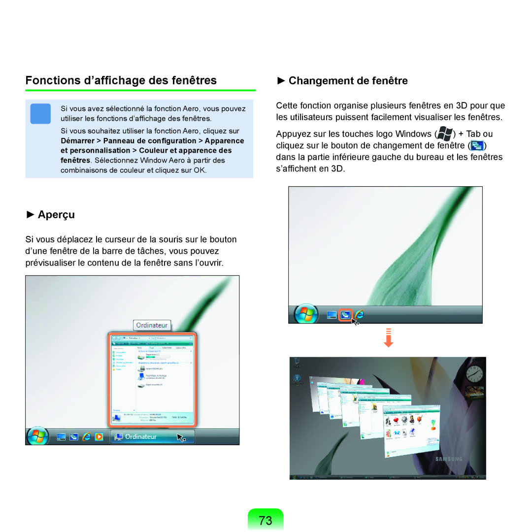 Samsung NP-R25A001/SEF, NP-R25A000/SEF manual Fonctions d’afﬁchage des fenêtres, Aperçu 