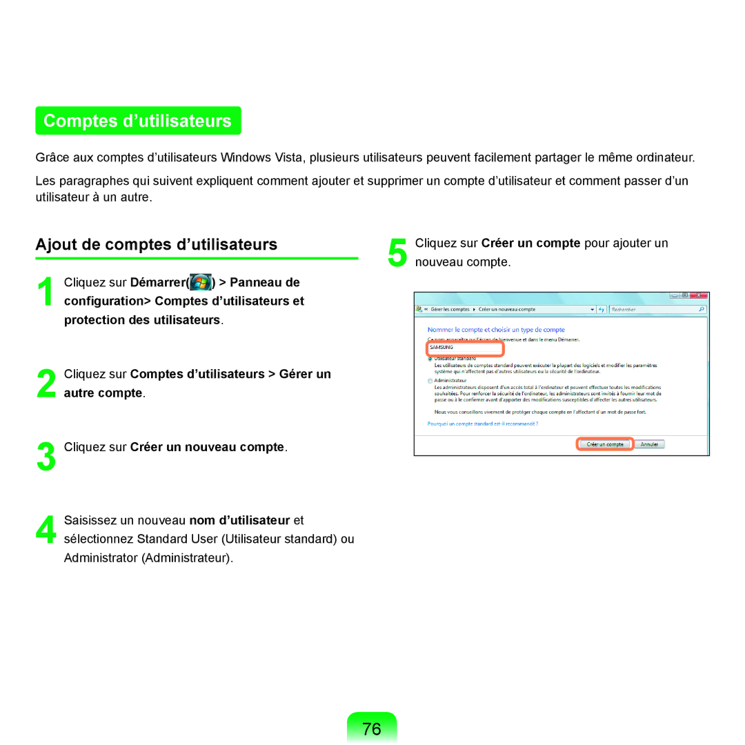 Samsung NP-R25A000/SEF, NP-R25A001/SEF manual Comptes d’utilisateurs, Ajout de comptes d’utilisateurs 