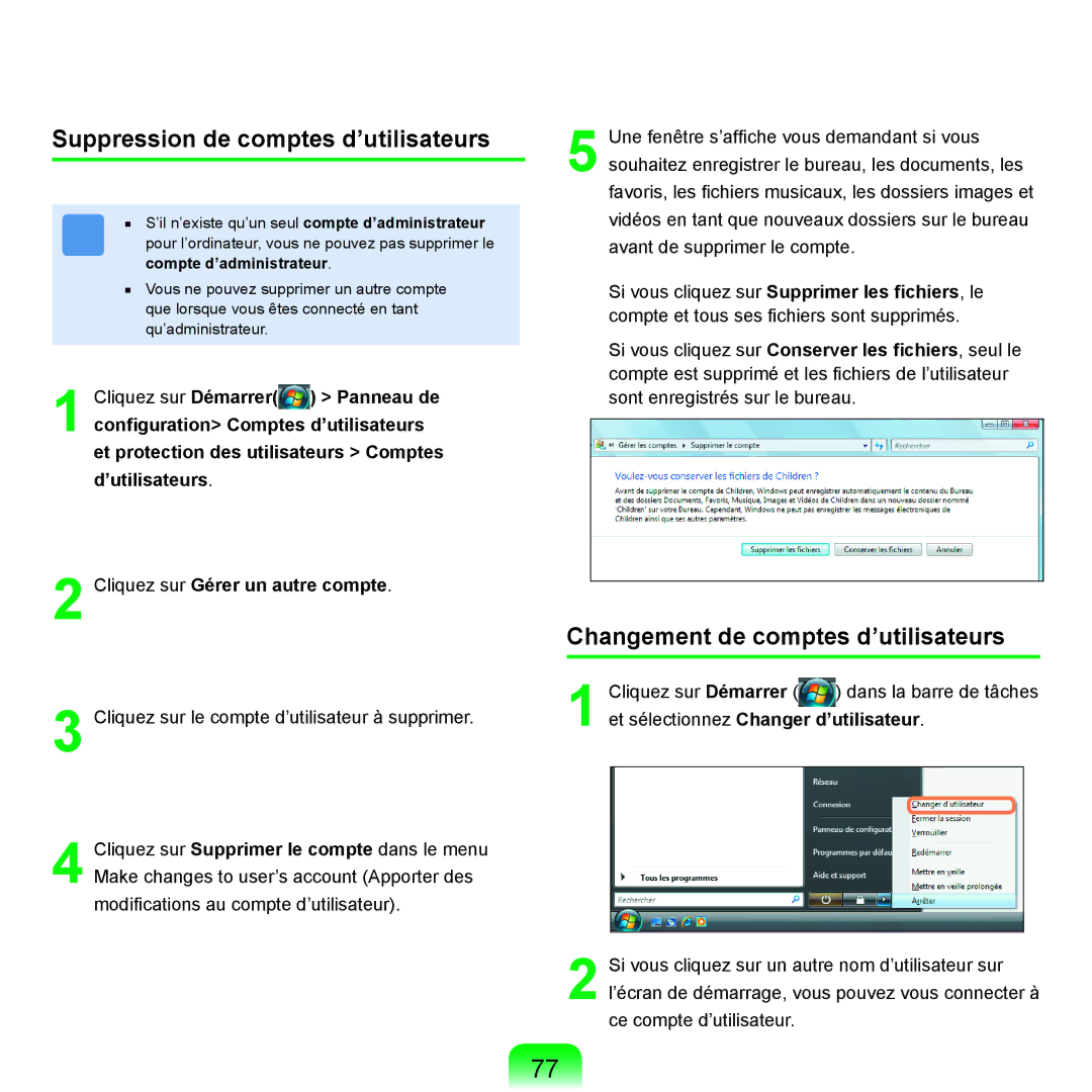 Samsung NP-R25A001/SEF, NP-R25A000/SEF manual Changement de comptes d’utilisateurs 