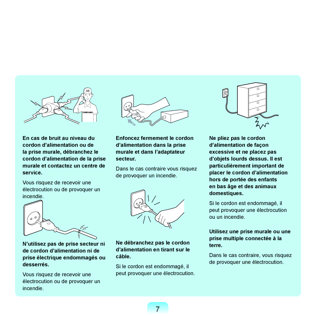 Samsung NP-R25A001/SEF, NP-R25A000/SEF manual Dans le cas contraire vous risquez de provoquer un incendie 