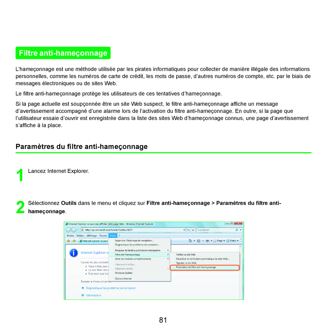 Samsung NP-R25A001/SEF, NP-R25A000/SEF manual Filtre anti-hameçonnage, Paramètres du ﬁltre anti-hameçonnage 