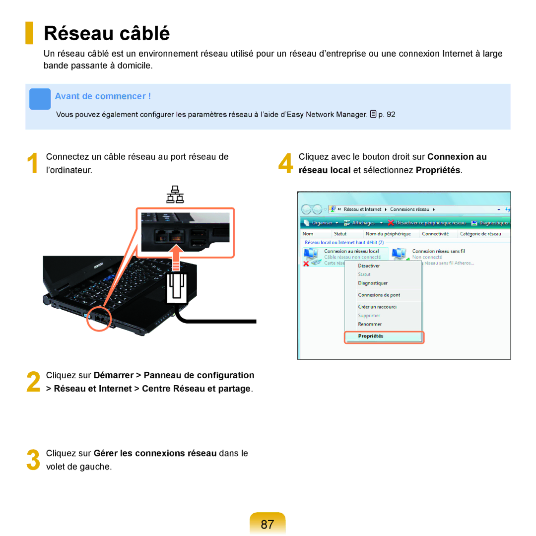 Samsung NP-R25A001/SEF, NP-R25A000/SEF manual Réseau câblé, Réseau local et sélectionnez Propriétés 