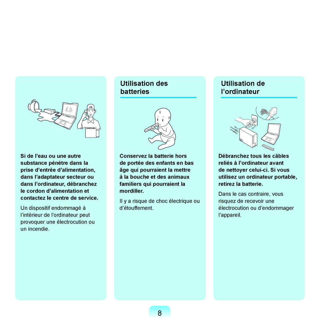 Samsung NP-R25A000/SEF, NP-R25A001/SEF manual Utilisation des Batteries ’ordinateur 