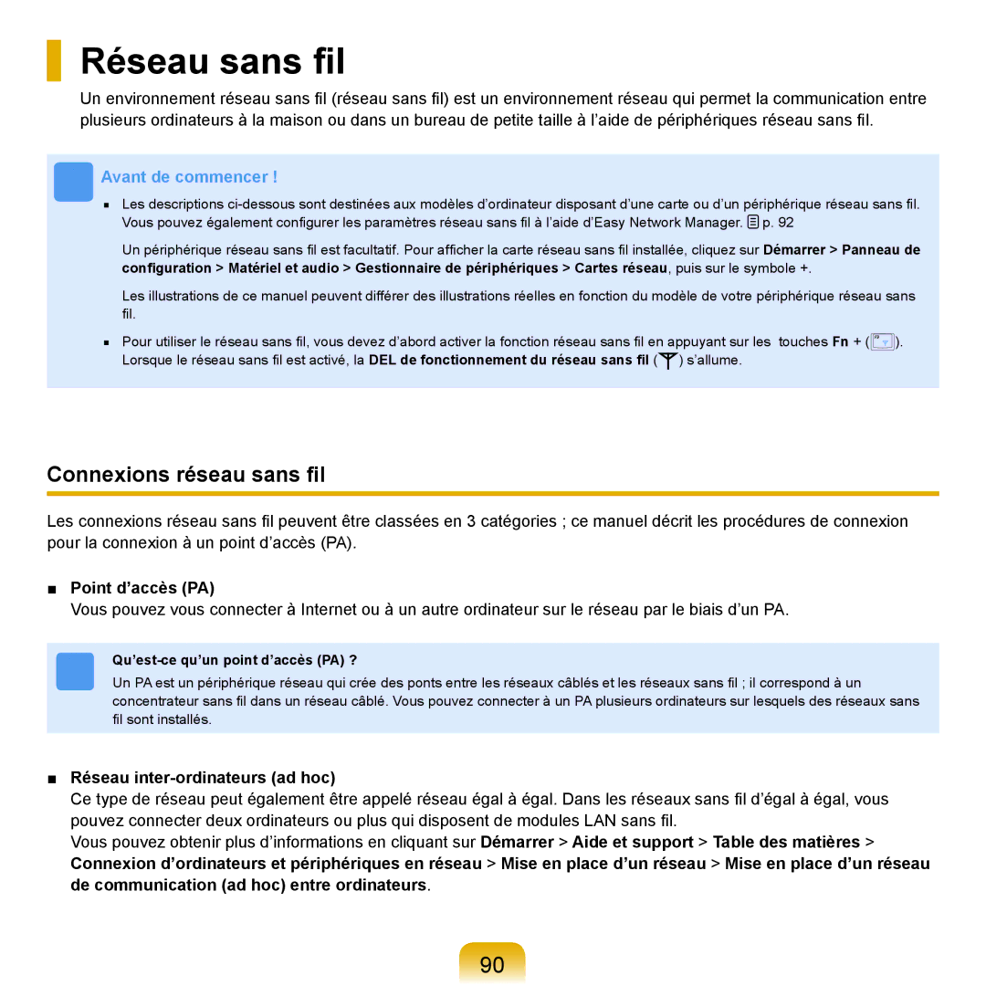 Samsung NP-R25A000/SEF manual Réseau sans ﬁl, Connexions réseau sans ﬁl, Point d’accès PA, Réseau inter-ordinateurs ad hoc 