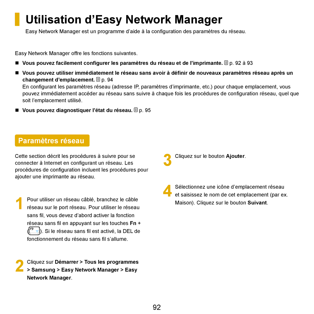 Samsung NP-R25A000/SEF, NP-R25A001/SEF manual Utilisation d’Easy Network Manager, Paramètres réseau 