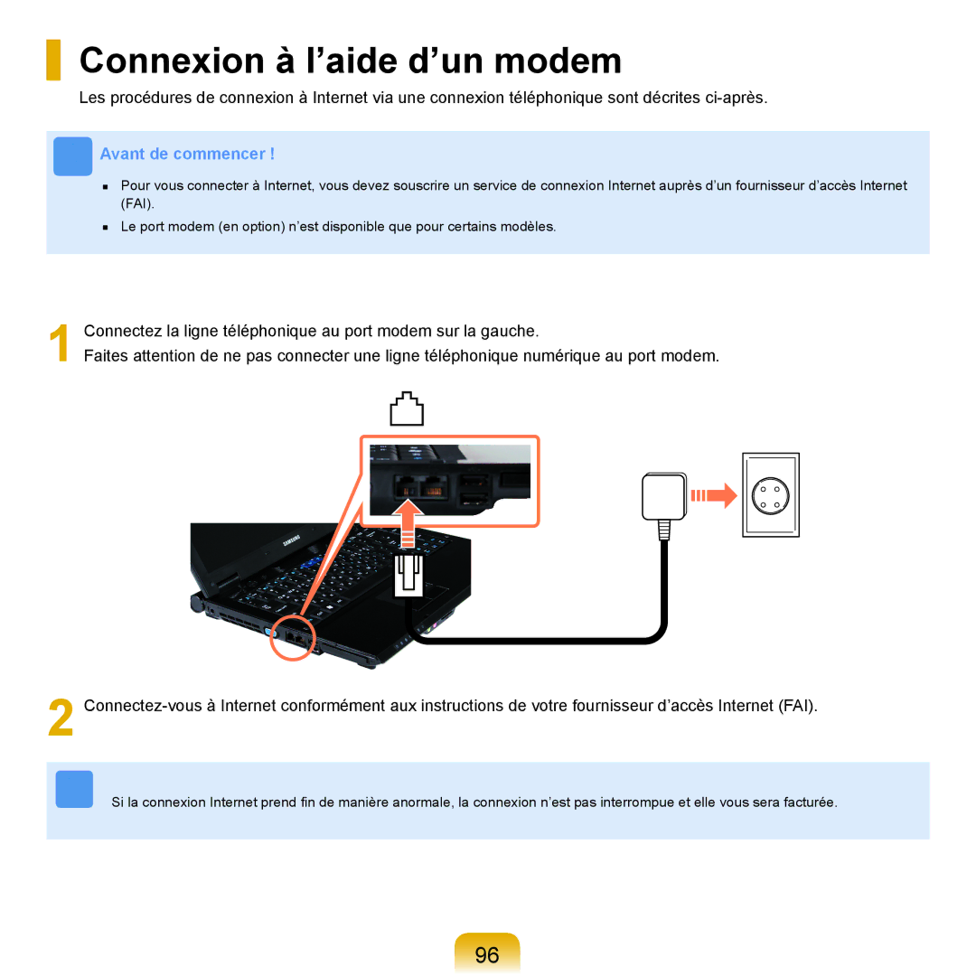 Samsung NP-R25A000/SEF, NP-R25A001/SEF manual Connexion à l’aide d’un modem 