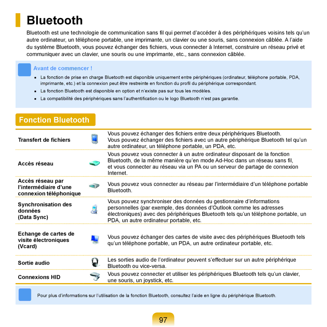 Samsung NP-R25A001/SEF, NP-R25A000/SEF manual Fonction Bluetooth 