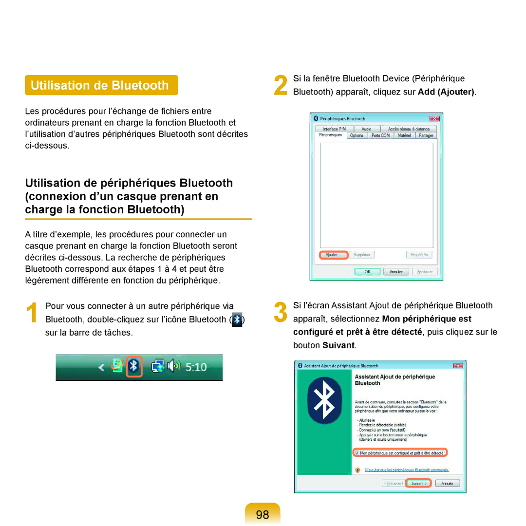 Samsung NP-R25A000/SEF, NP-R25A001/SEF manual Utilisation de Bluetooth 