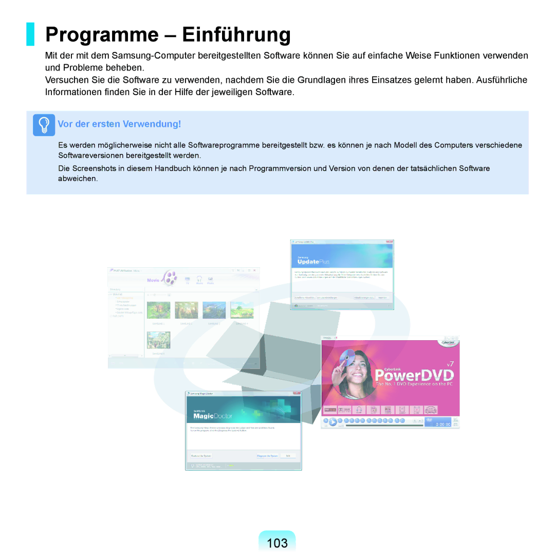 Samsung NP-R25F000/SEG, NP-R25A001/SEG, NP-R25A000/SEG manual Programme Einführung, 103 