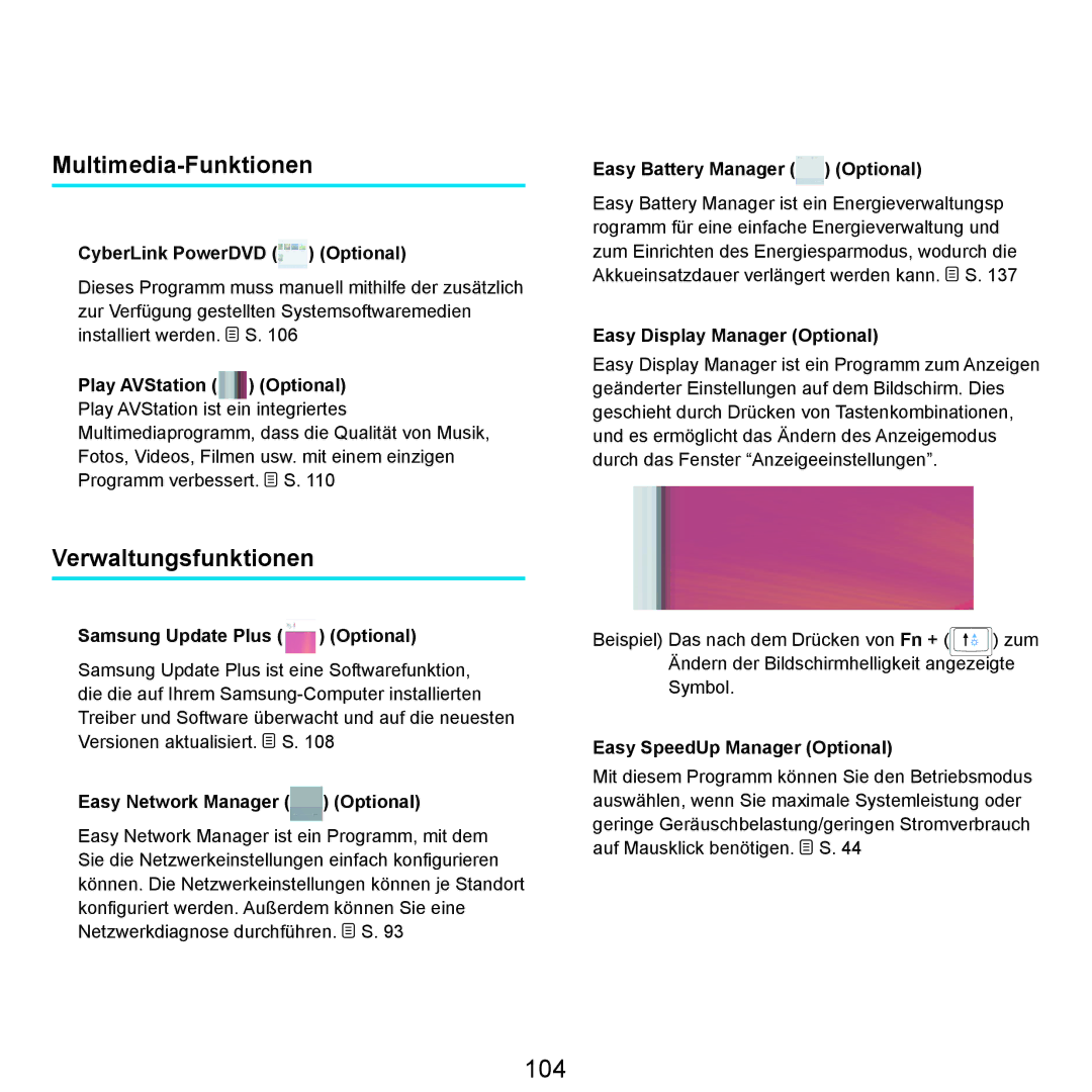 Samsung NP-R25A001/SEG, NP-R25A000/SEG, NP-R25F000/SEG manual 104, Multimedia-Funktionen, Verwaltungsfunktionen 