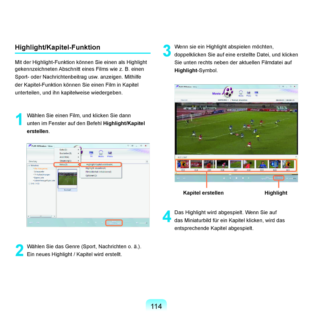 Samsung NP-R25A000/SEG, NP-R25A001/SEG, NP-R25F000/SEG manual 114, Highlight/Kapitel-Funktion, Kapitel erstellen Highlight 