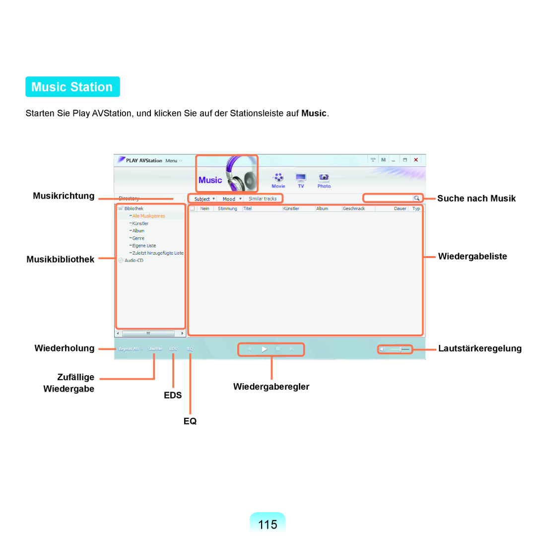 Samsung NP-R25F000/SEG, NP-R25A001/SEG, NP-R25A000/SEG manual Music Station, 115, Musikrichtung Musikbibliothek, Zufällige 