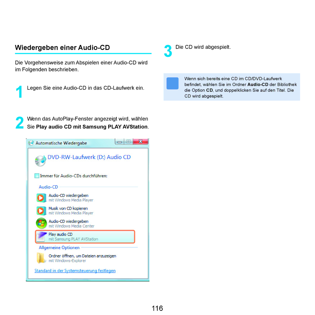 Samsung NP-R25A001/SEG, NP-R25A000/SEG, NP-R25F000/SEG manual 116, Wiedergeben einer Audio-CD 