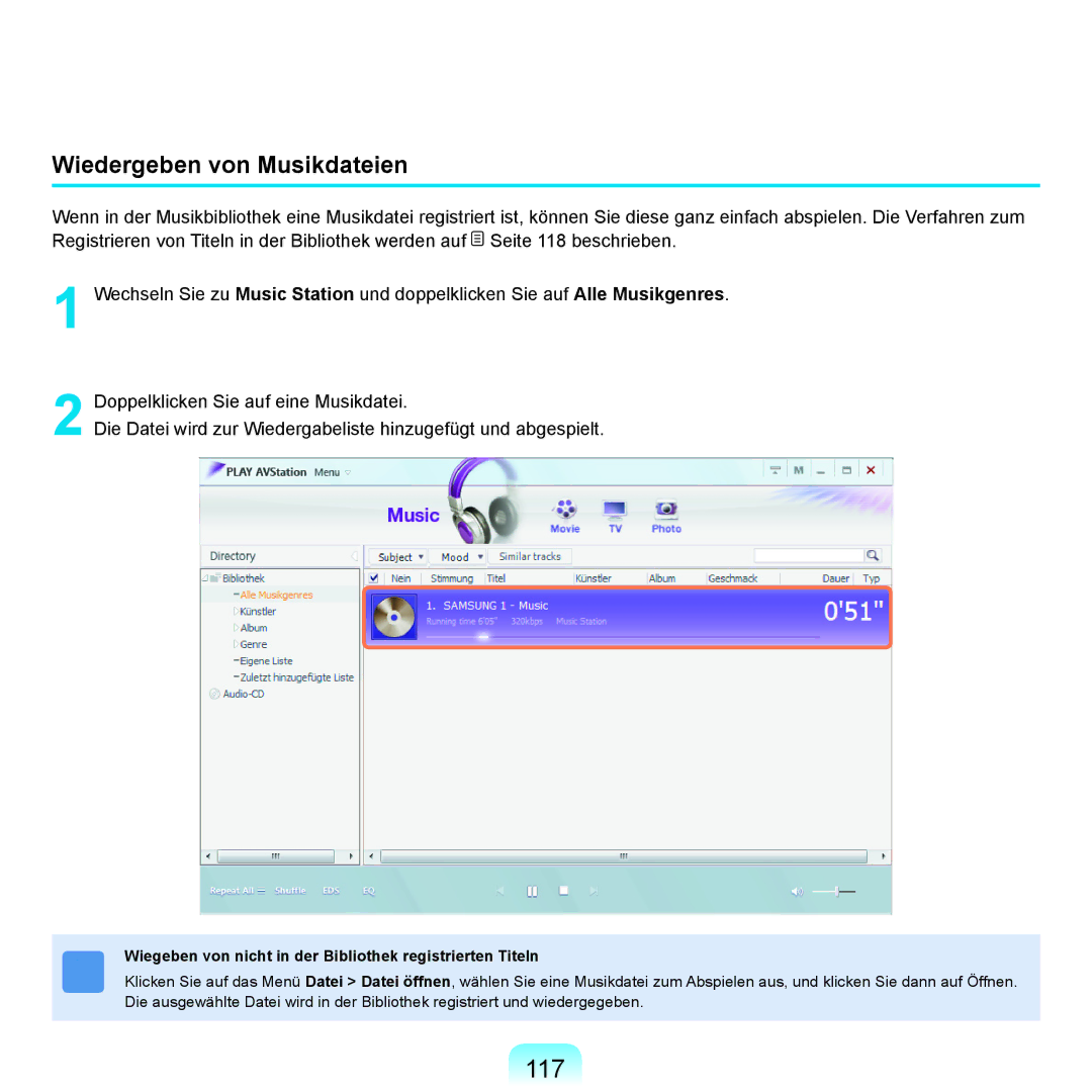 Samsung NP-R25A000/SEG manual 117, Wiedergeben von Musikdateien, Wiegeben von nicht in der Bibliothek registrierten Titeln 