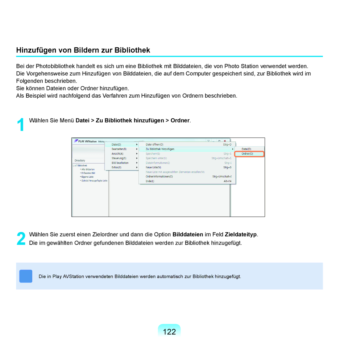 Samsung NP-R25A001/SEG, NP-R25A000/SEG, NP-R25F000/SEG manual 122, Hinzufügen von Bildern zur Bibliothek 