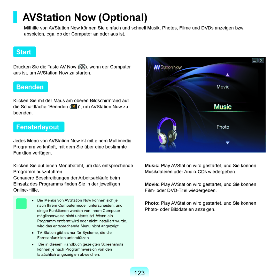 Samsung NP-R25A000/SEG, NP-R25A001/SEG, NP-R25F000/SEG manual AVStation Now Optional, Start, Beenden, Fensterlayout, 123 