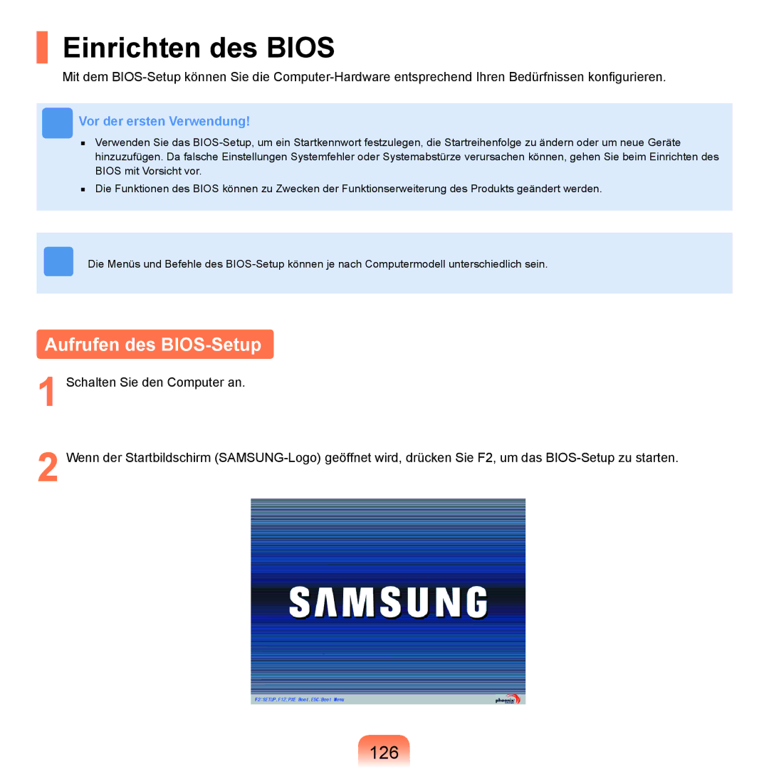 Samsung NP-R25A000/SEG, NP-R25A001/SEG, NP-R25F000/SEG manual Einrichten des Bios, Aufrufen des BIOS-Setup, 126 