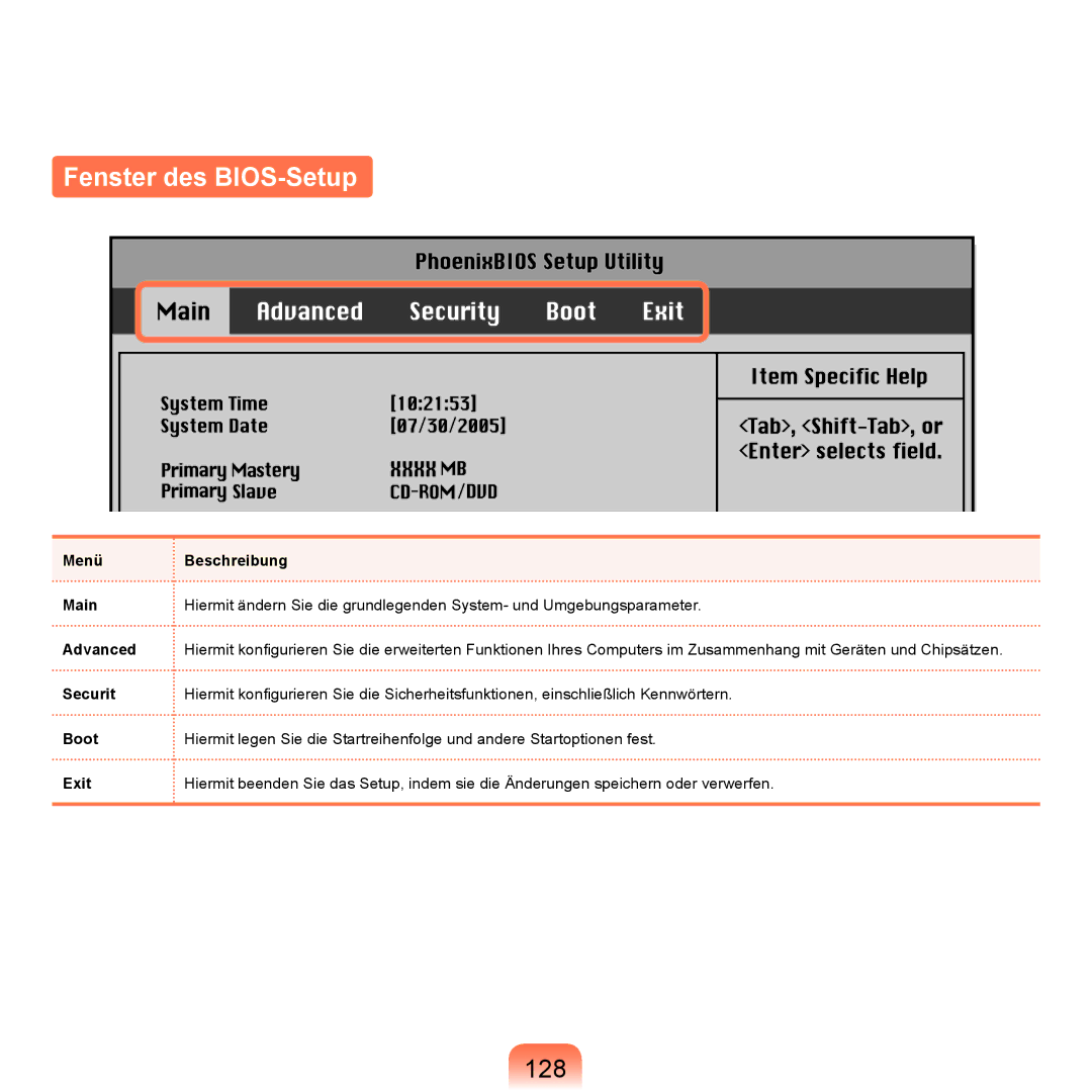 Samsung NP-R25A001/SEG, NP-R25A000/SEG manual Fenster des BIOS-Setup, 128, Menü Main Advanced Securit Boot Exit Beschreibung 