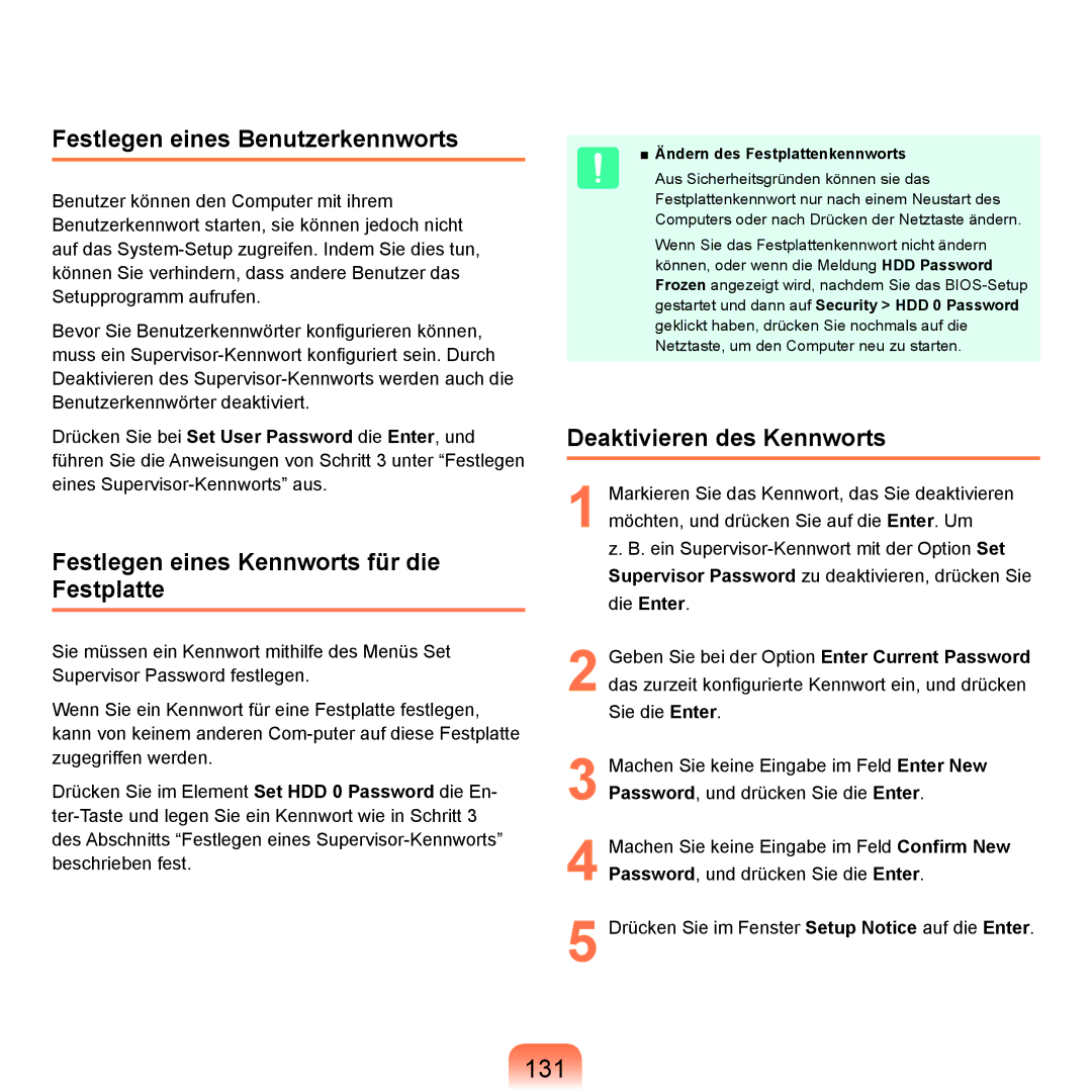 Samsung NP-R25A001/SEG manual 131, Festlegen eines Benutzerkennworts, Festlegen eines Kennworts für die Festplatte 