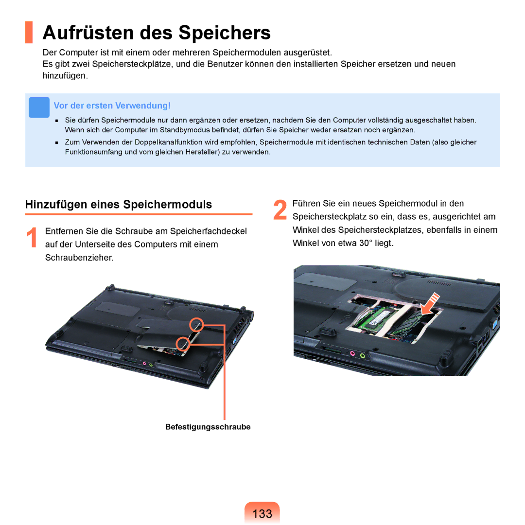 Samsung NP-R25F000/SEG, NP-R25A001/SEG, NP-R25A000/SEG manual Aufrüsten des Speichers, 133, Hinzufügen eines Speichermoduls 