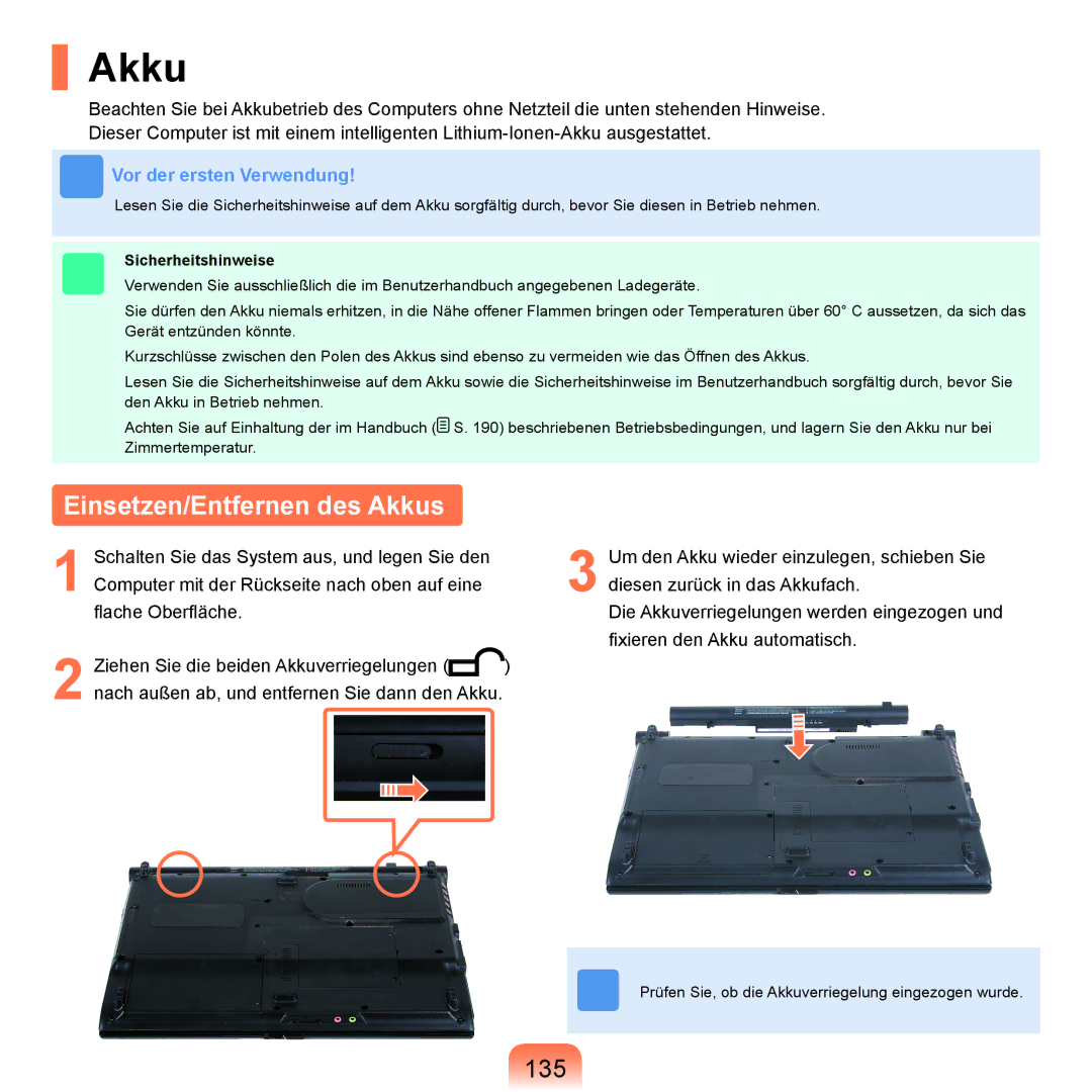 Samsung NP-R25A000/SEG, NP-R25A001/SEG, NP-R25F000/SEG manual Einsetzen/Entfernen des Akkus, 135 