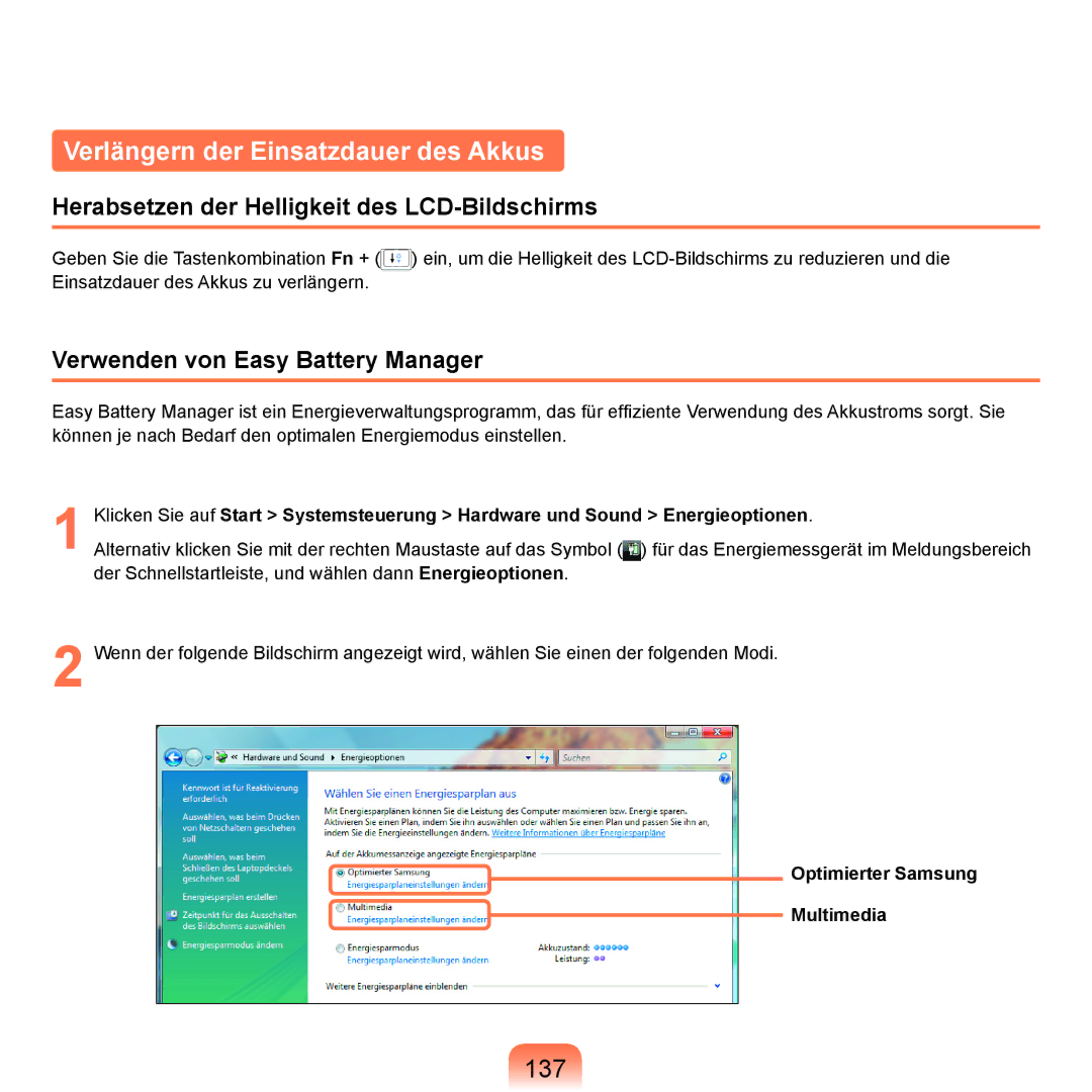 Samsung NP-R25A001/SEG manual Verlängern der Einsatzdauer des Akkus, 137, Herabsetzen der Helligkeit des LCD-Bildschirms 