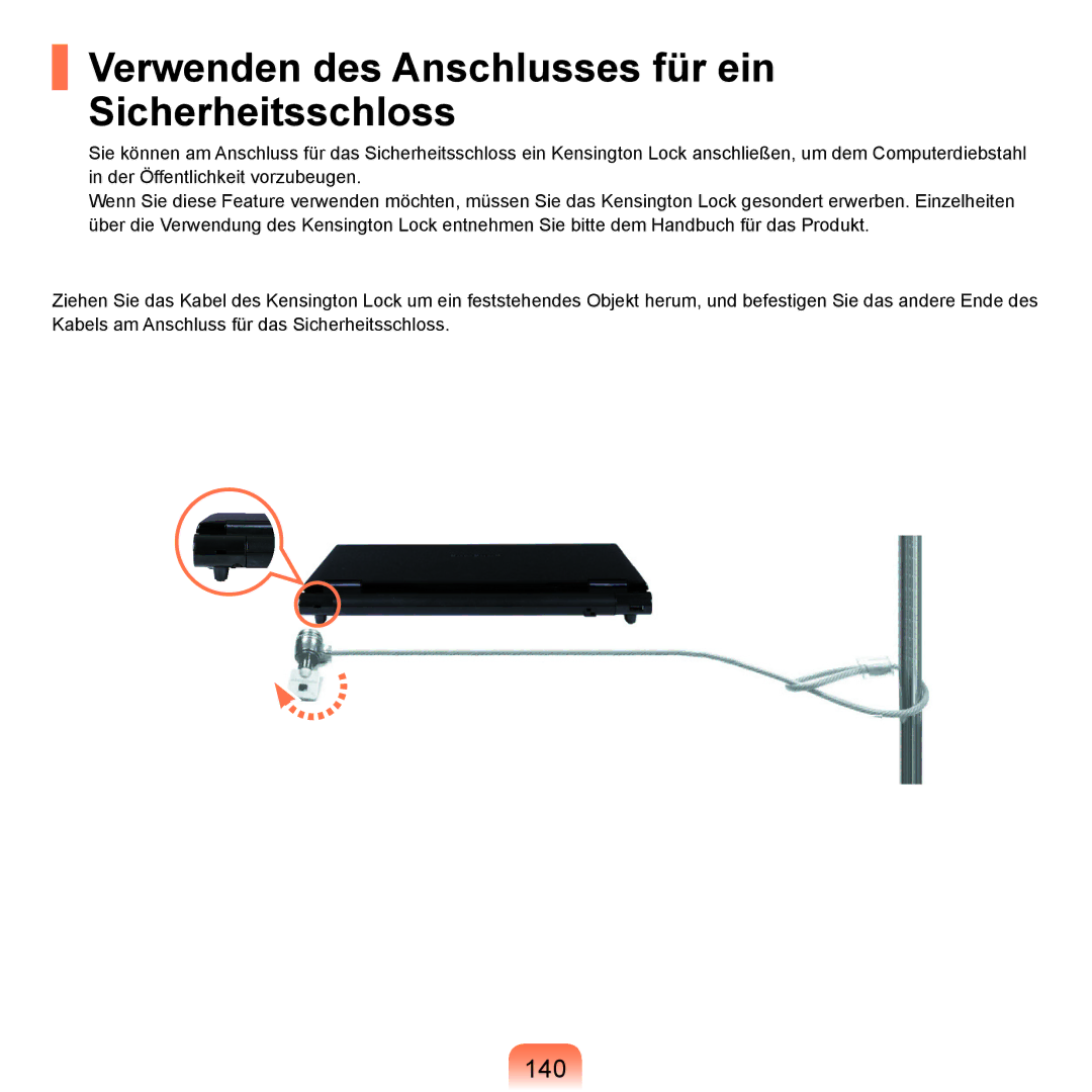 Samsung NP-R25A001/SEG, NP-R25A000/SEG, NP-R25F000/SEG manual Verwenden des Anschlusses für ein Sicherheitsschloss, 140 