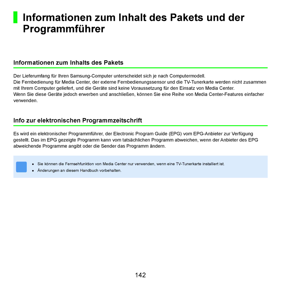 Samsung NP-R25F000/SEG, NP-R25A001/SEG, NP-R25A000/SEG manual Informationen zum Inhalt des Pakets und der Programmführer, 142 