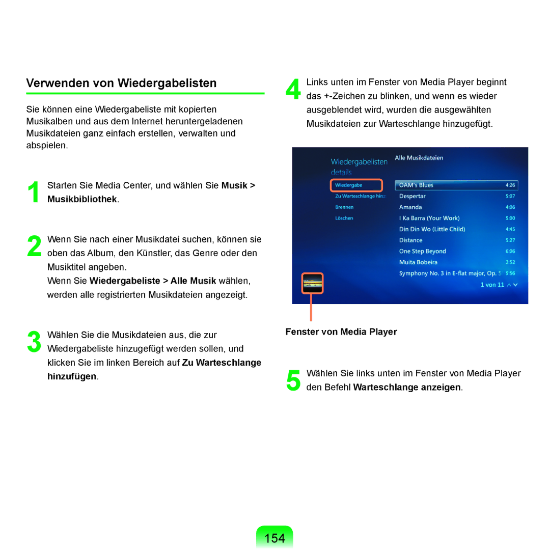 Samsung NP-R25F000/SEG, NP-R25A001/SEG, NP-R25A000/SEG manual 154, Verwenden von Wiedergabelisten, Fenster von Media Player 