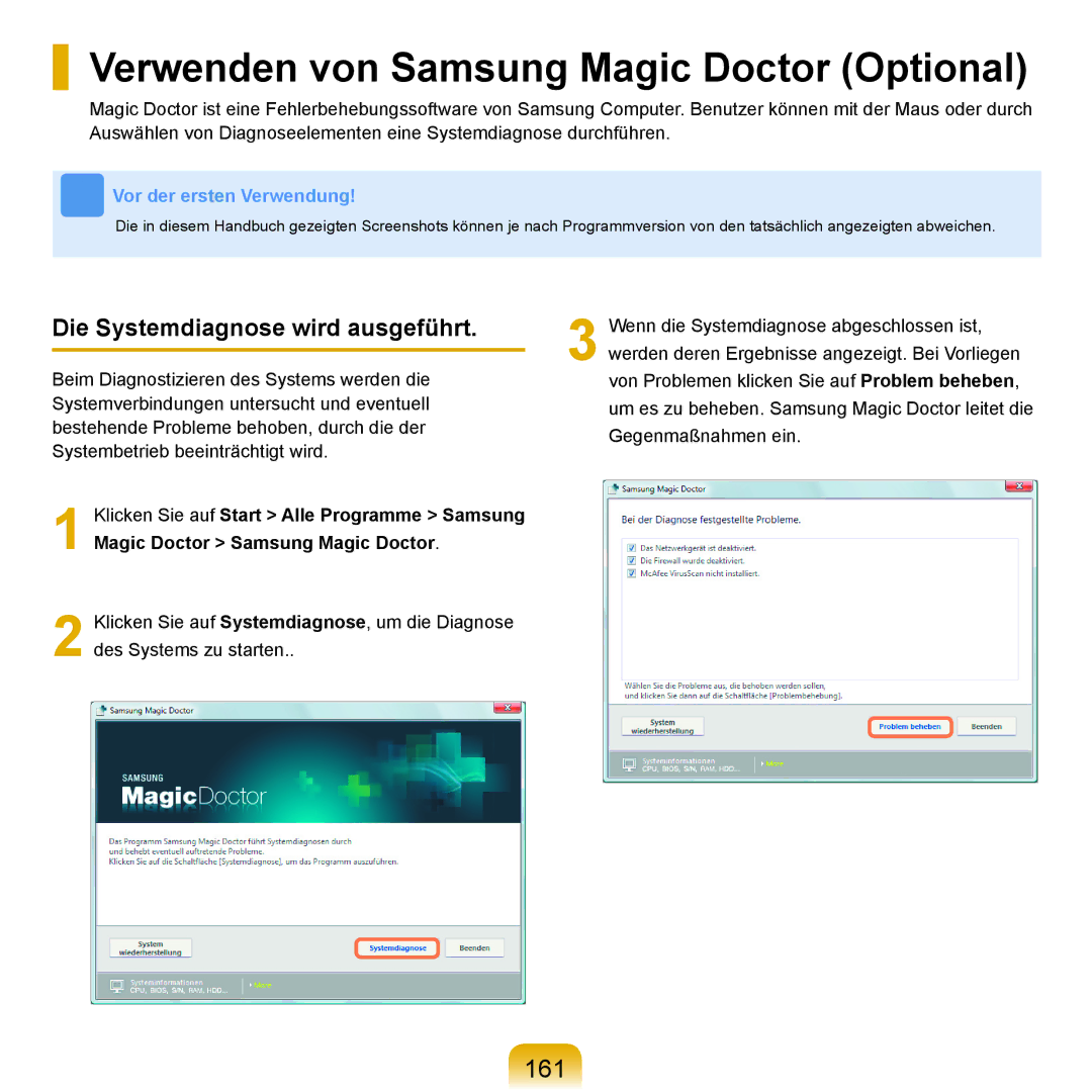 Samsung NP-R25A001/SEG manual Verwenden von Samsung Magic Doctor Optional, 161, Die Systemdiagnose wird ausgeführt 