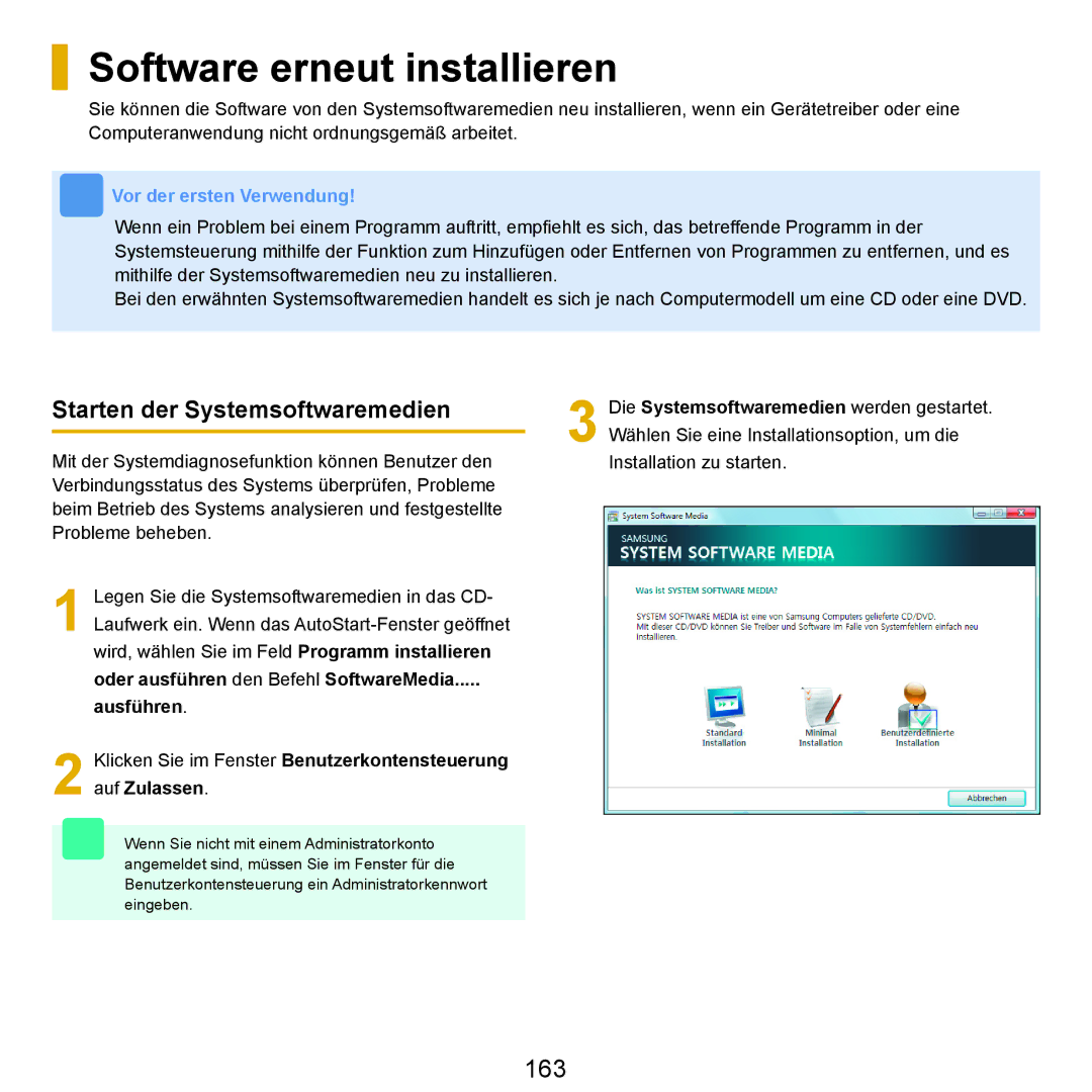 Samsung NP-R25F000/SEG, NP-R25A001/SEG, NP-R25A000/SEG Software erneut installieren, 163, Starten der Systemsoftwaremedien 