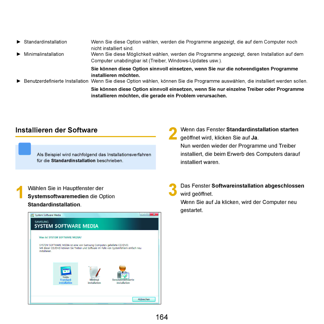 Samsung NP-R25A001/SEG, NP-R25A000/SEG, NP-R25F000/SEG manual 164, Installieren der Software 