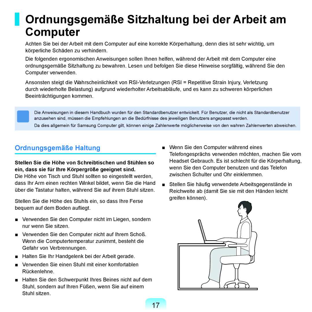 Samsung NP-R25A001/SEG, NP-R25A000/SEG manual Ordnungsgemäße Sitzhaltung bei der Arbeit am Computer, Ordnungsgemäße Haltung 