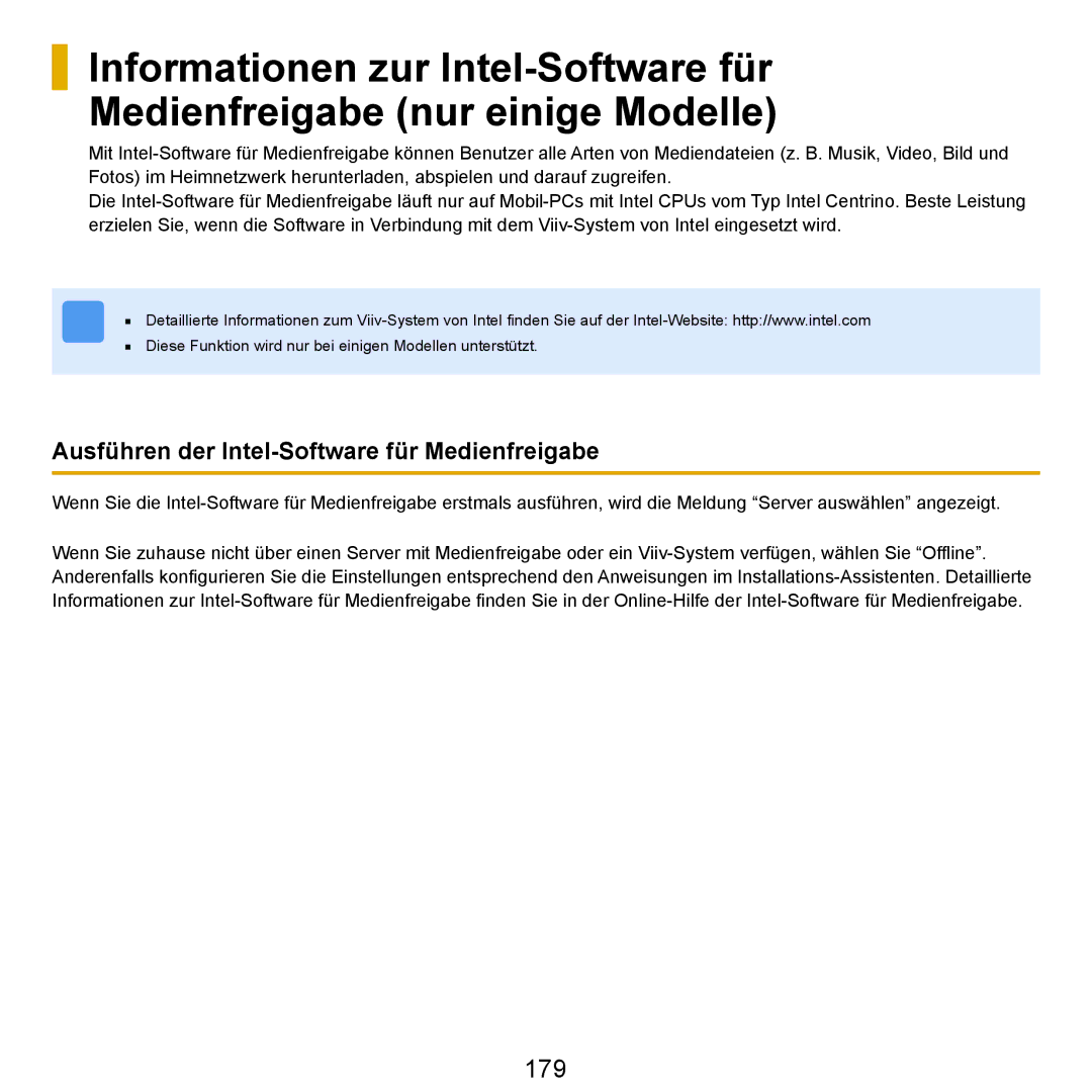 Samsung NP-R25A001/SEG, NP-R25A000/SEG, NP-R25F000/SEG manual 179, Ausführen der Intel-Software für Medienfreigabe 