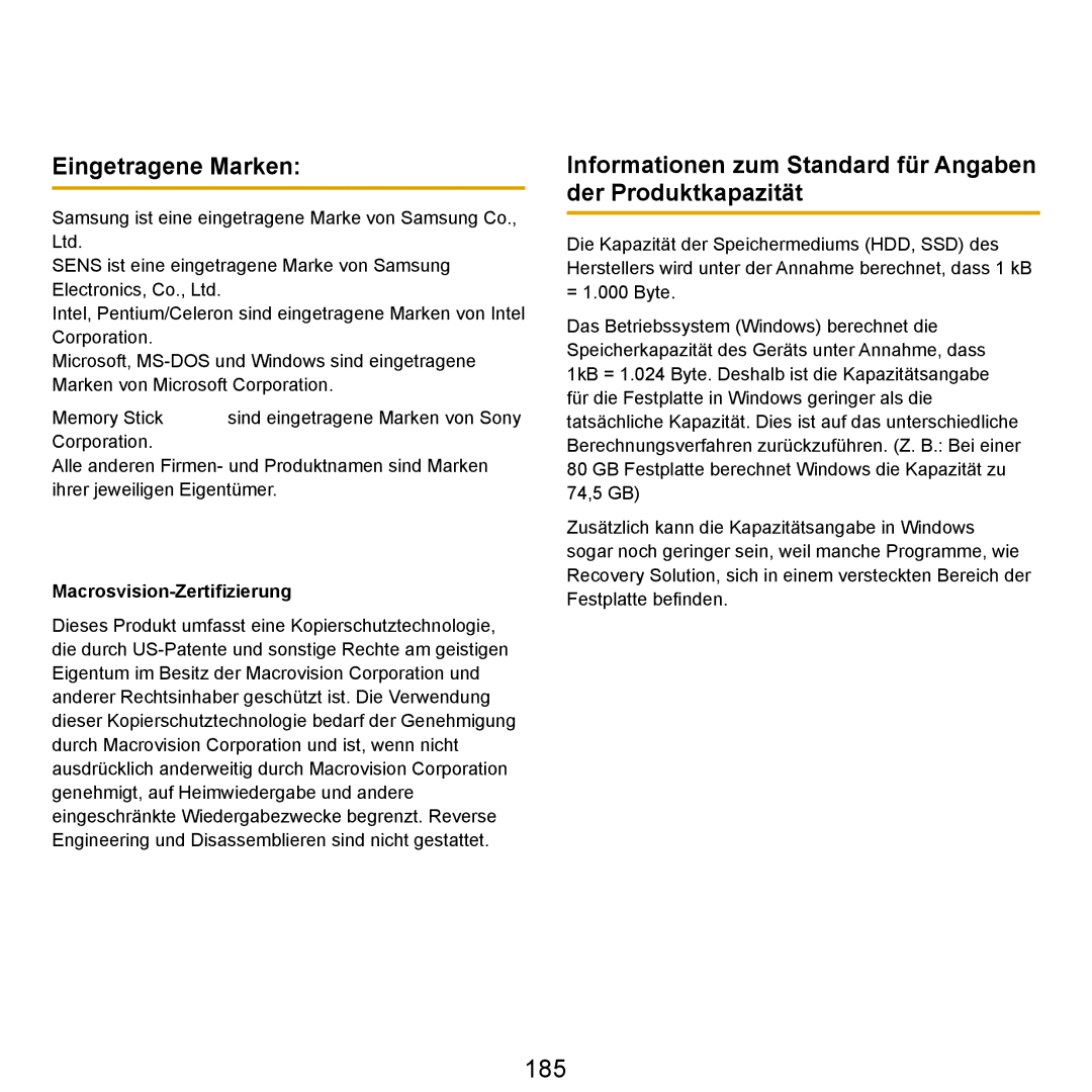 Samsung NP-R25A001/SEG manual 185, Eingetragene Marken, Informationen zum Standard für Angaben der Produktkapazität 